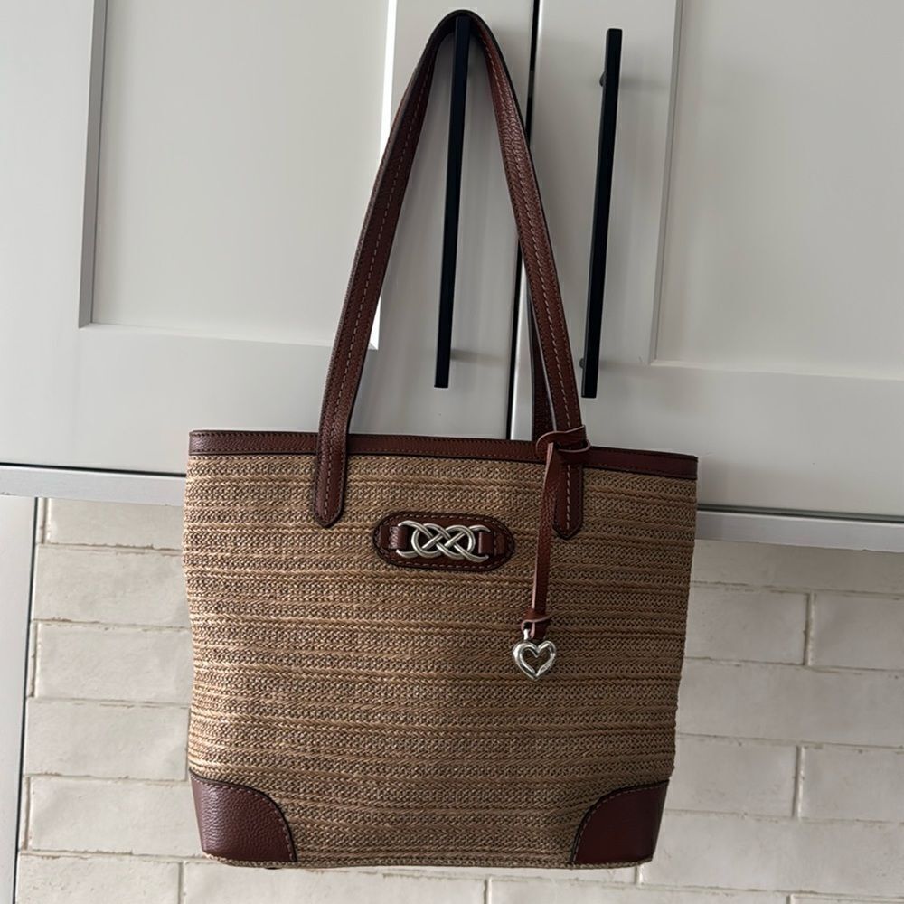 BRIGHTON Interlock Collection TARA Tote Bourbon Brown Leather & Raffia Straw Bag